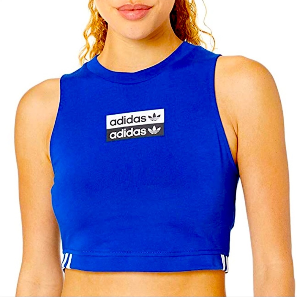 Adidas Blue Crop Top Stripe Sleeveless Sports Bra